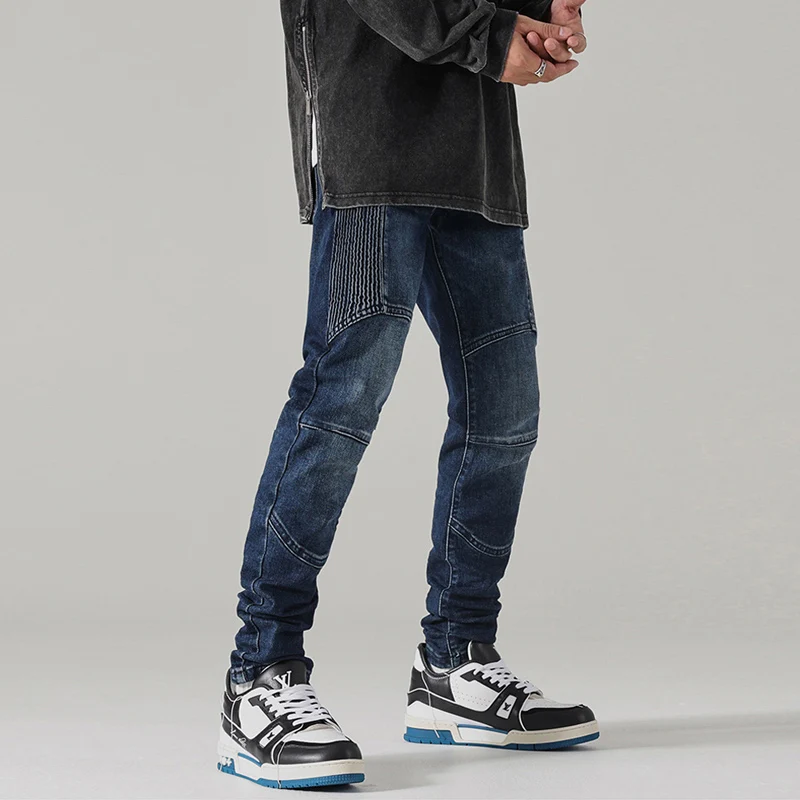Street Fashion Men Jeans Retro Black Gray Elastic Stretch Slim Fit Biker Jeans Homme Spliced Designer Patched Hip Hop Pants Men