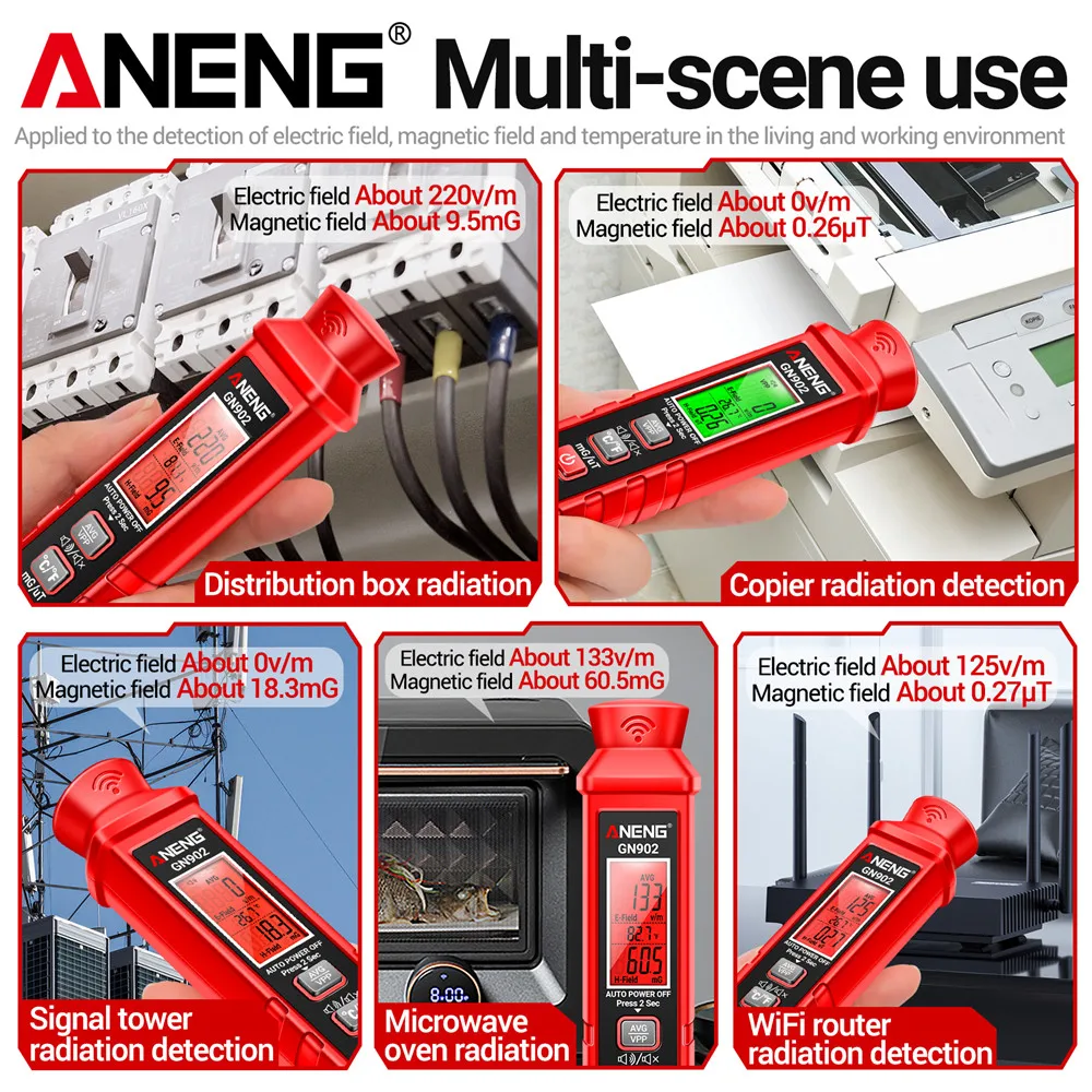 ANENG GN902 Electromagnetic Radiation Detector Temperature Tester Meter Magnetic Radiation Analyzer LCD Backlight Screen radiation detector emf meter tester