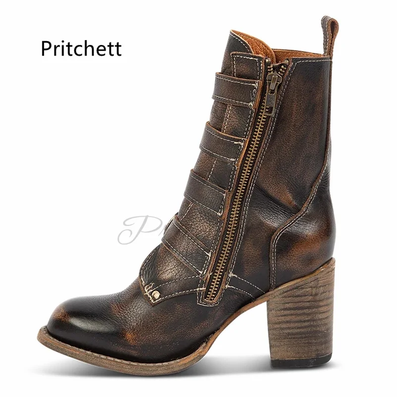 Dark Brown High Heels Ankle Boots for Women Belt Buckle Round Toe Genuine Leather Women's Shoes Western Retro Motorcycle Boots