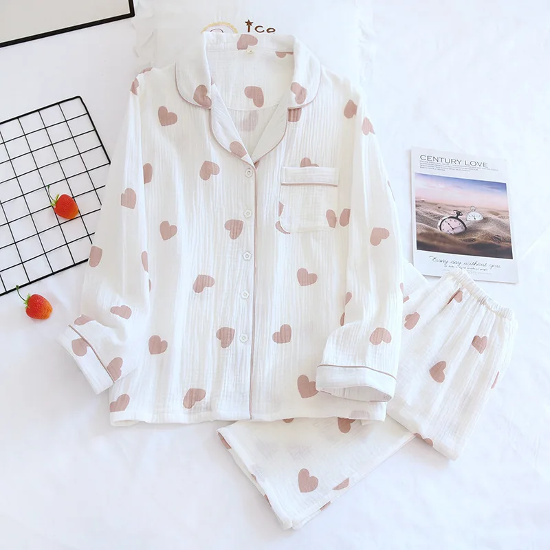 

2023 Cotton Crepe Pajamas Ladies Turn-down Collar Long Sleeve Sleep Top Trousers Suit Comfortable Home Clothes Woman 2 Pieces