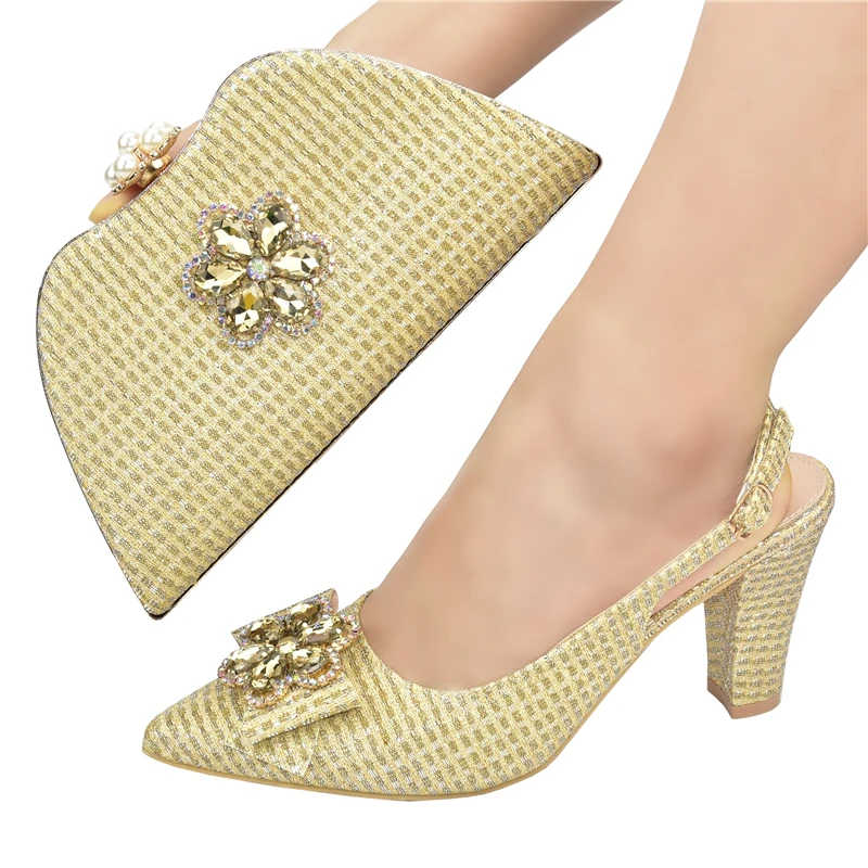 New Arrival Shoes and Bag for Party Wedding Italian Shoe Set In Women Low Heels Elegant Rhinestone |
