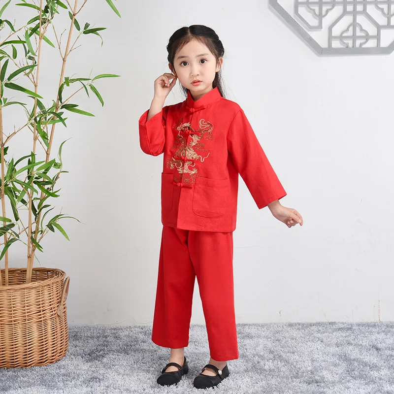 Men chinese style shirt Boy Cotton Line Tang Clothes Long Sleeve Hanfu Set Child Chinese Style Shirt&pants 2Pcs Outfit Embroider Dragon Kongfu Costume
