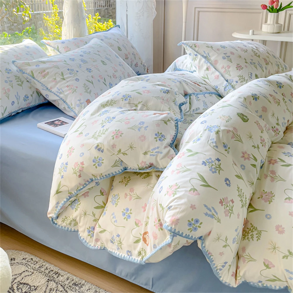 

Pastoral Girls Flower Bedding Set Washed Cotton Duvet Cover Bed Linens Soft Quilt Cover Sheet Set Simple Bedspread Home Textiles