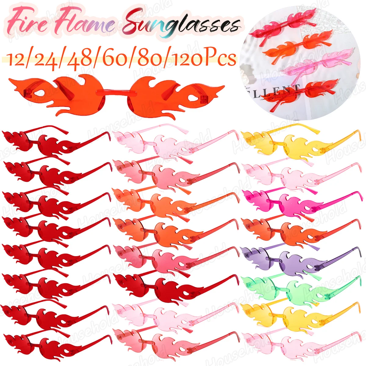 Gafas De Fiesta Llamas De Fuego | Pack 12 Pares, Sin Montura, Colores Surtidos | Para Cumpleaños, Despedidas, Halloween
