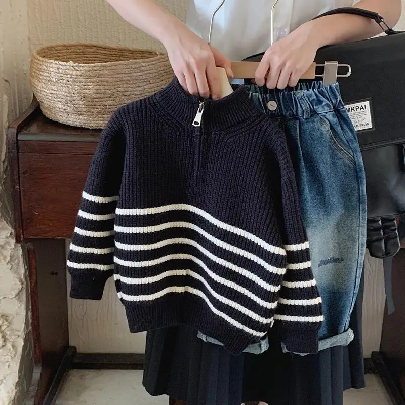 Boys' Autumn Sweater Spring New Korean Children's Loose Stripe Knitting Shirt Baby Casual Sweater