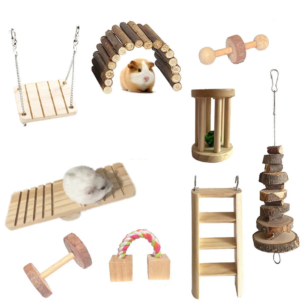 Rabbit Roller Toy Natural Wooden Pine Dumbells Unicycle swing seesaw Bell Chew Toys for Guinea Pigs Rat Pet Molars Supplies