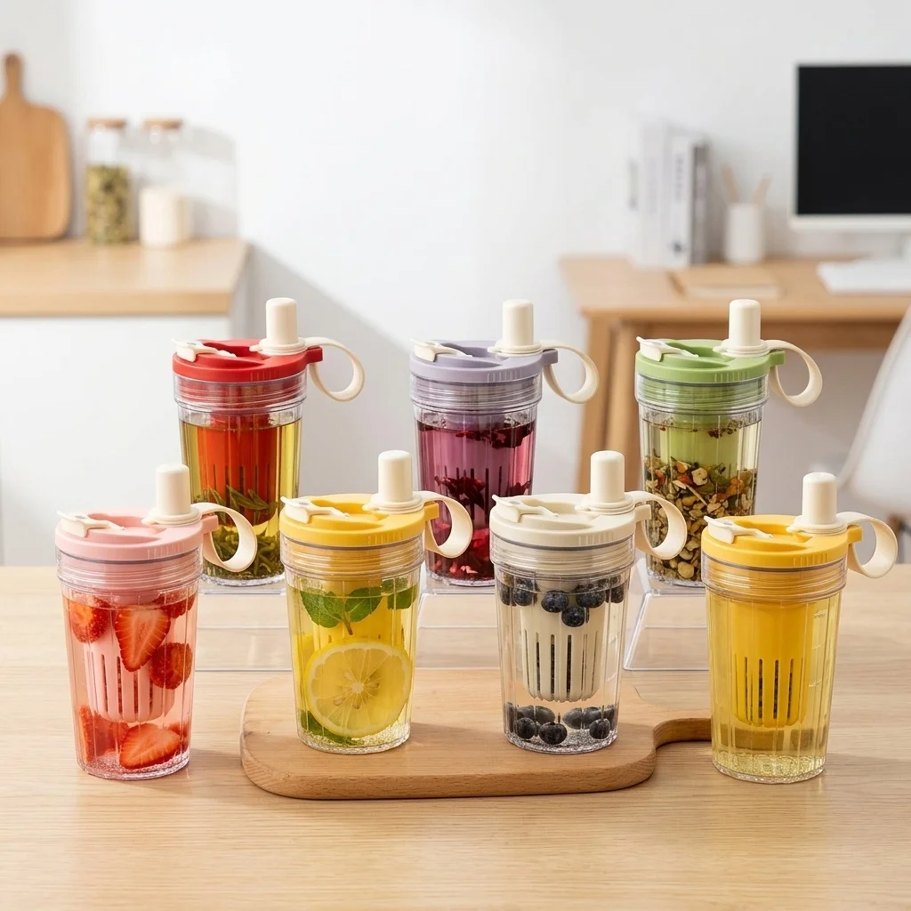 Leak-Proof Transparent Sports Bottle with Reusable Straw and Tea Strainer