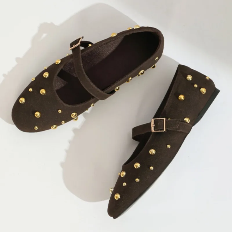 2025 Summer Brand Mary Jane Shoes for Women Fashion Rivet Suede Classic Retro Brown Casual Soft Bottom Comfortable Ladies Flats 2