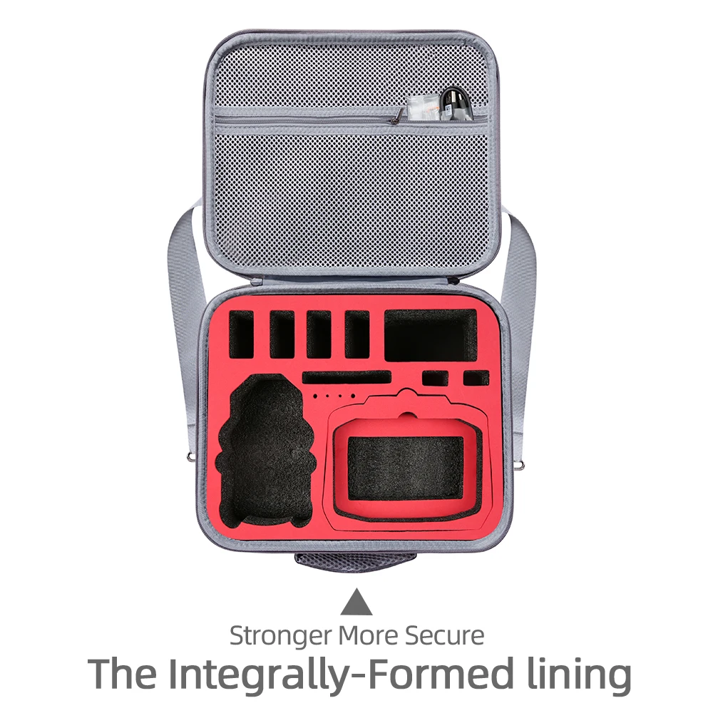 Sac de rangement portable pour DJI Mini 4 Pro porté à l'épaule grâce à sa sangle, avec poche avant zippée pour les petits accessoires.