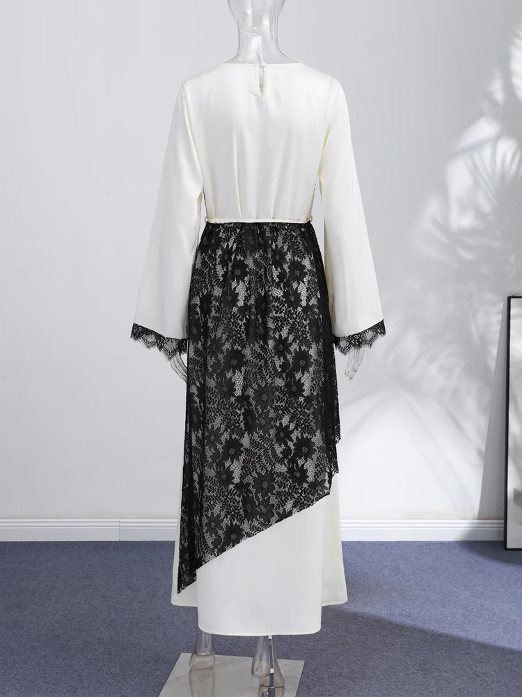 Spitzen-Patchwork-Kleid mit Schnürung, langes Kleid für Damen, elegant, O-Ausschnitt, lange Ärmel, getäfeltes, schmales Party- und Abendkleid, schicke Damenkleider, neu, Vestidos – Detail 5