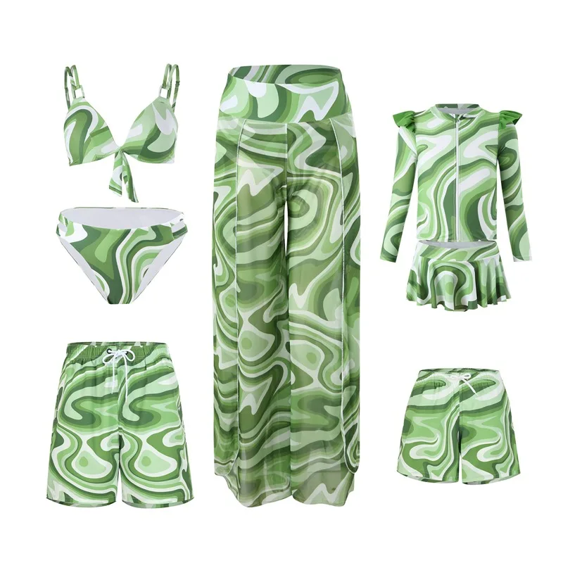 Leaf Print Swimwear Family Matching Outfits Look Mother Daughter Bikini Swimsuits Mommy and Me Clothes Dad Son Swimming Trunks 6