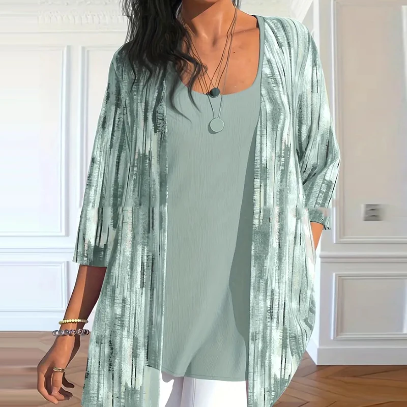 

Women Top 2Pcs Suit Fashion Printing Three-quarter Sleeve Cardigan Coats & Casual Soldier Color O-Neck Tank Sets Elegant Comfor