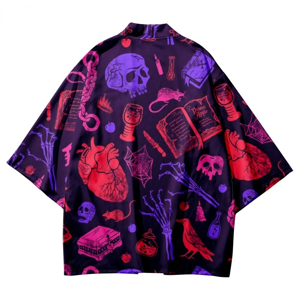 Streetwear Cardigan Haori Fashion Skeleton Print Cosplay Kimono Japanese Style Women Men Beach Yukata Halloween Tops