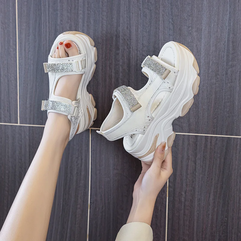 Rhinestone 7CM 2023 New Genuine Leather Sandals Women Elevator