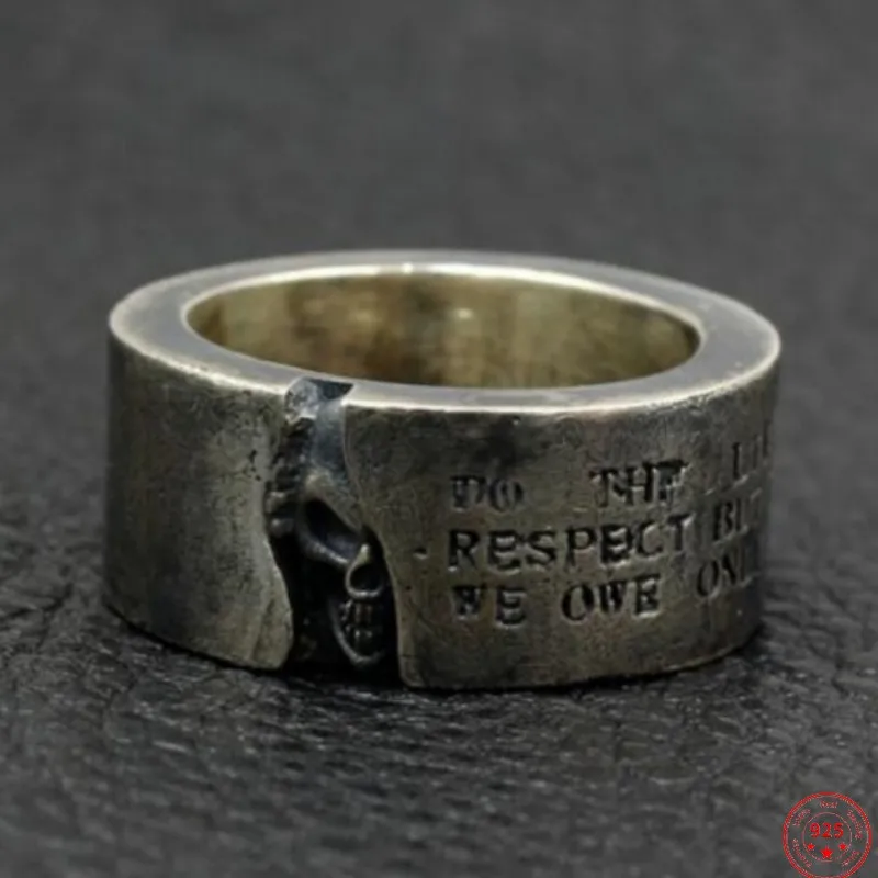 S925 Sterling Silver Rings for Men New Fashion Half Face Skull-head Lettering Pure Argentum Punk Jewelry Amulet Wholesale