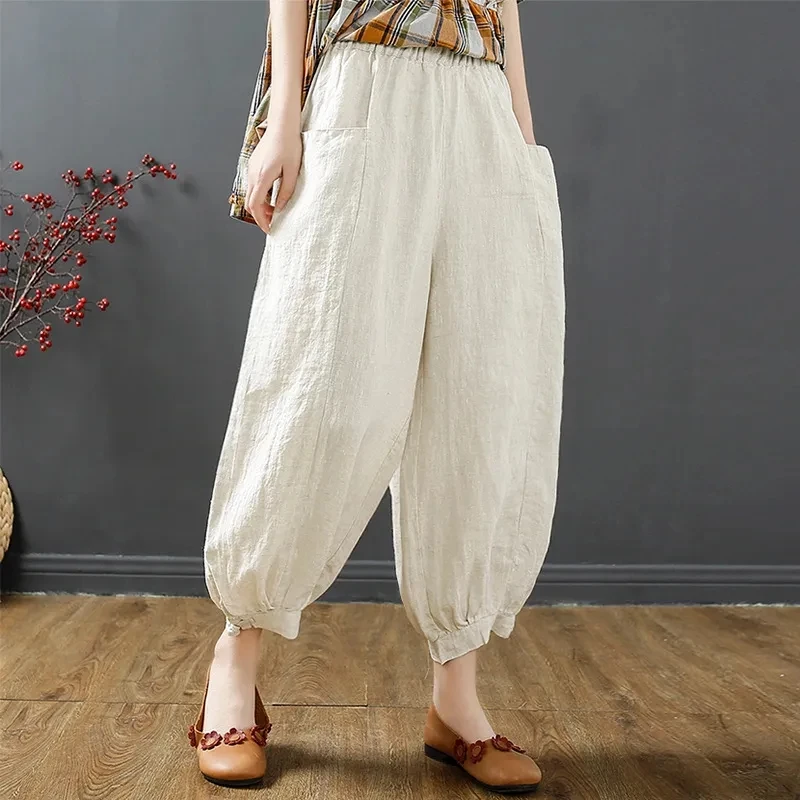Great Choice Products Women's Baggy Linen Wide Leg Trousers Casual Patchwork Elastic Waist Harem Pants