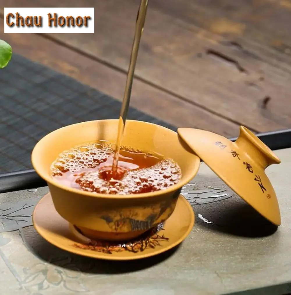 150ml Handmade Yixing Purple Clay Gaiwan Raw Ore Section Mud Tea Tureen Tea Bowl With Lid Kit Tea Brewing Cover Bowl Teaware