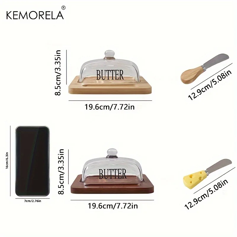 KEMORELA Wood Butter Dish Glass Lid Knife Cheese Cake Dessert Storage Plate Countertop Dish Butter Cheese Container