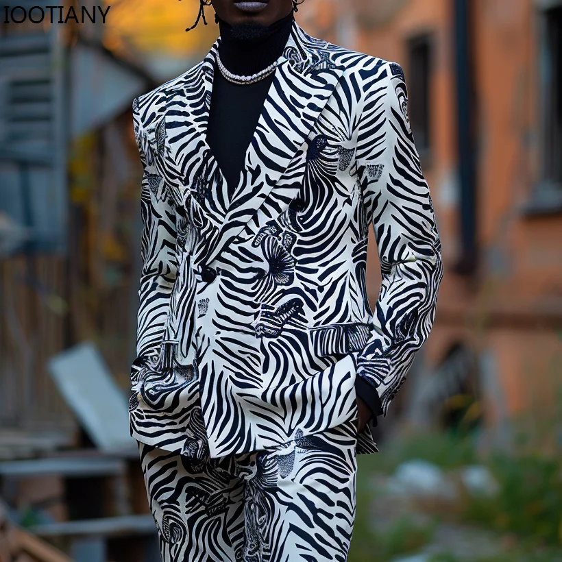 Men Suit Two-piece Blazer With Pants Leopard 3D Printed For Party
