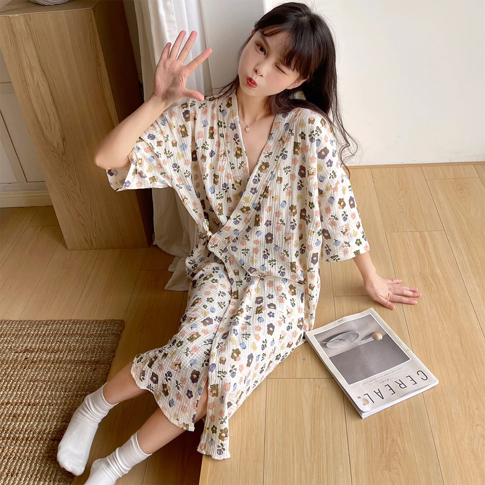 Summer Pure Cotton Gauze Nightdress Women Lace Floral Printed Nightgown Japanese Cotton Kimono Thin Bathrobe Pajamas Nightwear
