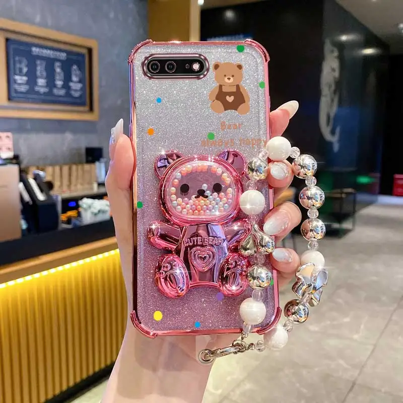 Pearl Glitter Bear Phone Holder Case with Lanyard Strap and Anti-Knock Protection