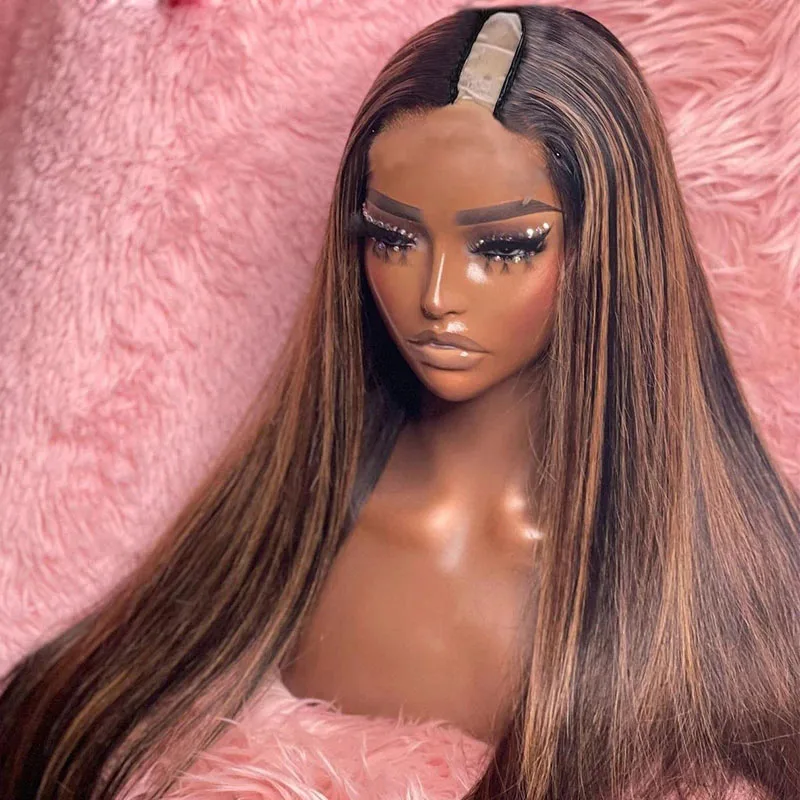 하이라이트 다크 초콜릿 브라운 V 파트 가발 실키 스트레이트 100% 인모 가발 처리되지 않은 옴브레 허니 블론드 U 모양 풀 엔드 30''