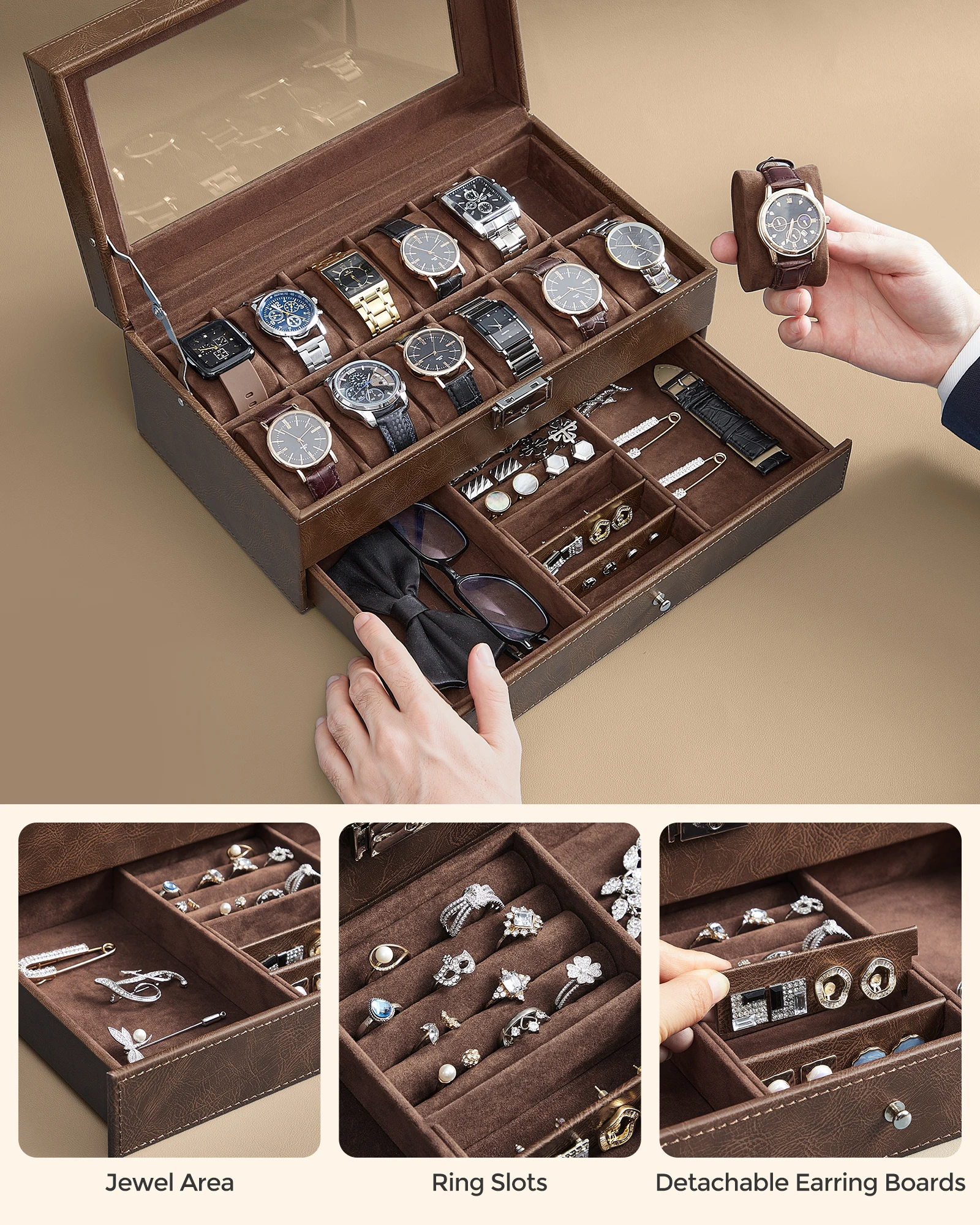 12-Slot Watch Box with Lockable Glass Lid and 2-Layer Design, Velvet-Lined Jewelry Stor... - SKU JDC01052 - UGI Packaging