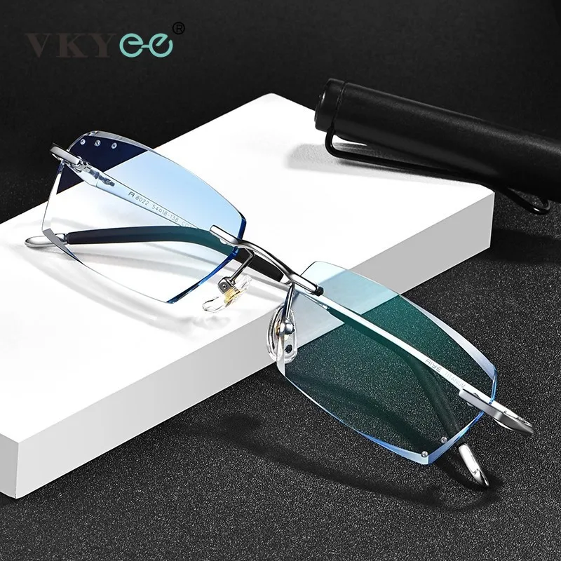 

VICKY Men's Business Fashion Diamond Cut Edge Frameless Diopter Myopia Glasses for Men Anti-blue Light Reading Glasses ZY302