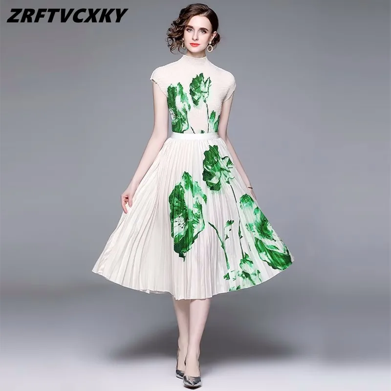 

Design Folds Two Piece Sets For Women Printing Stretchy Tshirt Tops And Long Pleated Skirt Suits Female Summer Casual Outfits