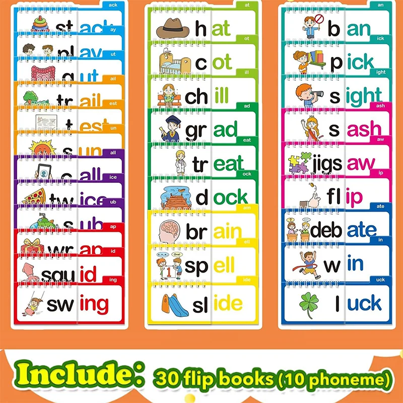 30 Read And Rhyme Flips Book Word Families Letter Sounds Flash Cards Educational Vocabulary Learning Reading for Kindergarten