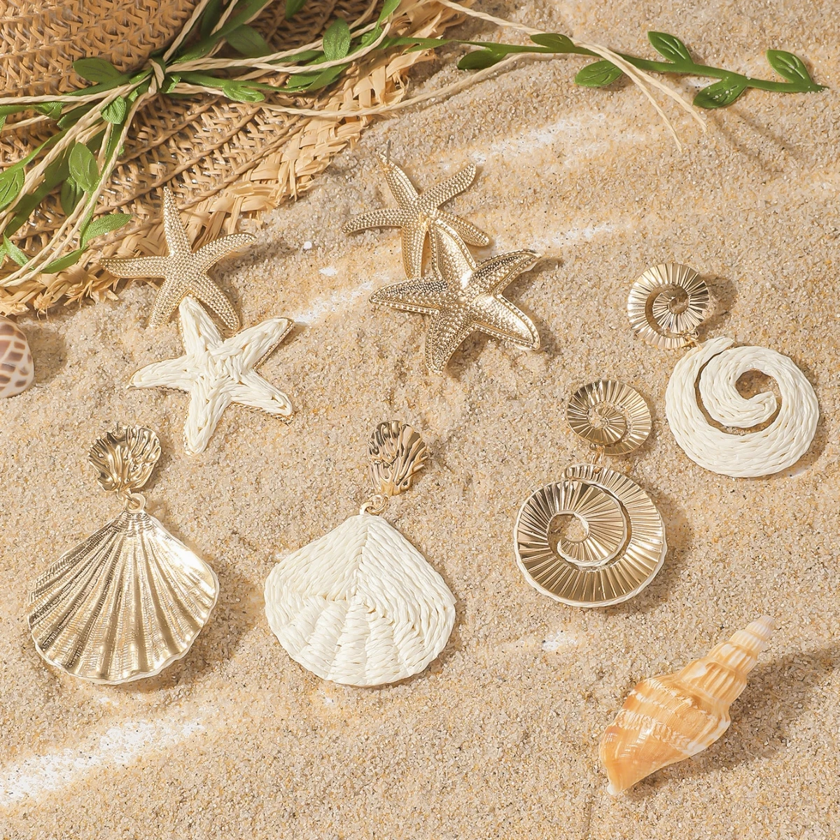 1 Set Elegant Ocean Theme Rattan Knit Drop Earrings for Women Girls Boho Summer Raffia Shell Starfish Conch Earrings Jewelry