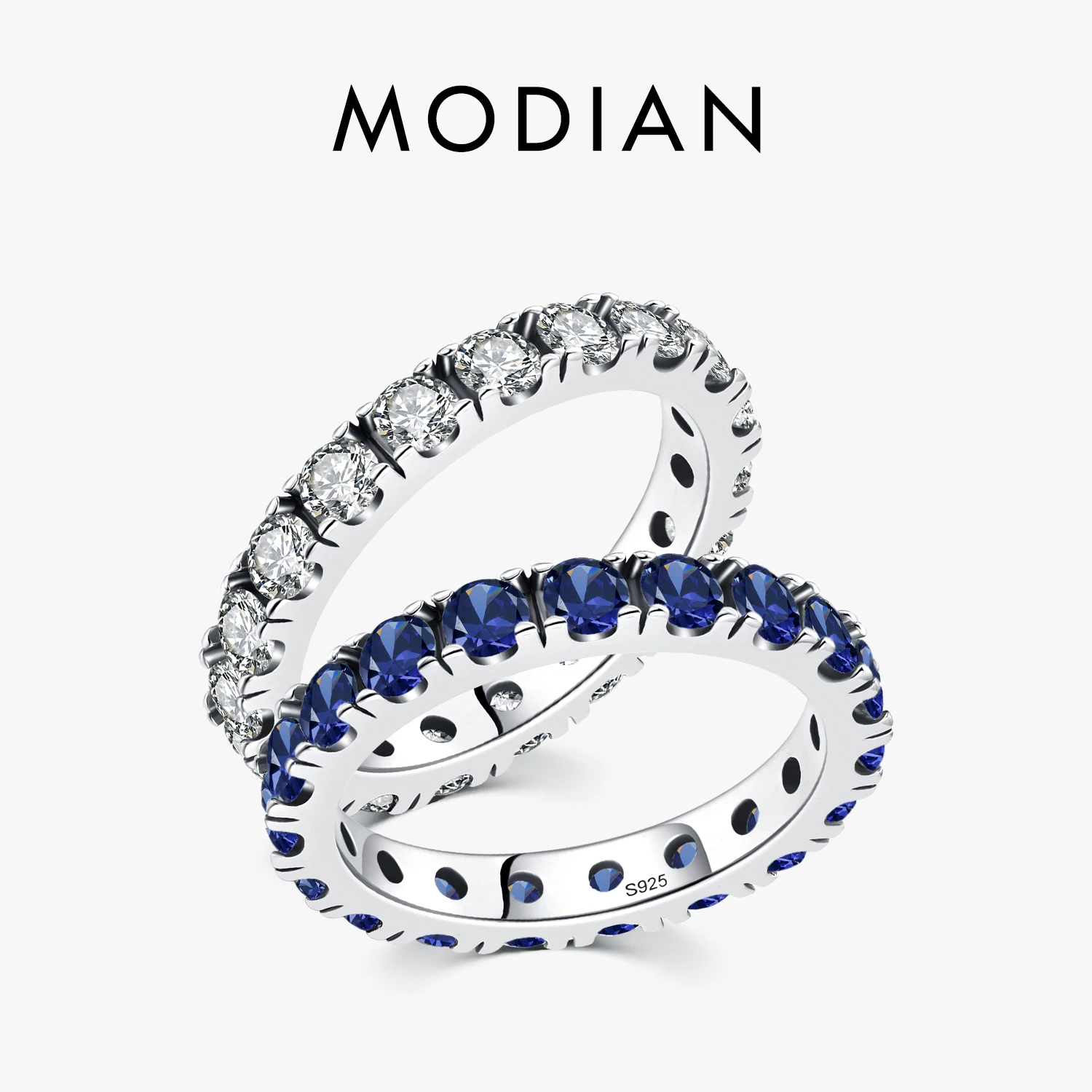 Anillo MODIAN de circonia cúbica azul brillante de lujo, anillos de dedo apilables clásicos de Plata de Ley 925 para mujer, joyería llamativa