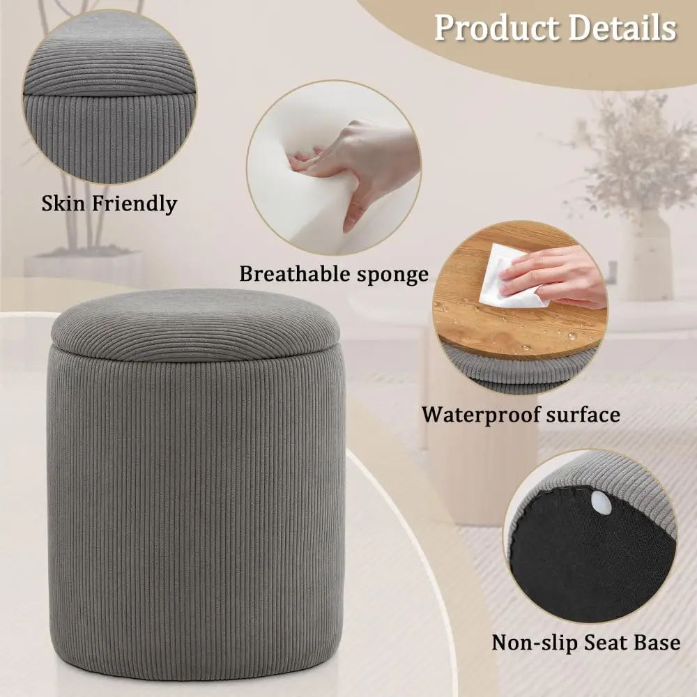 Round Ottoman with Storage, Set of 2, Small Vanity Stool as Vanity Chair, Corduroy Ottoman Foot Rest