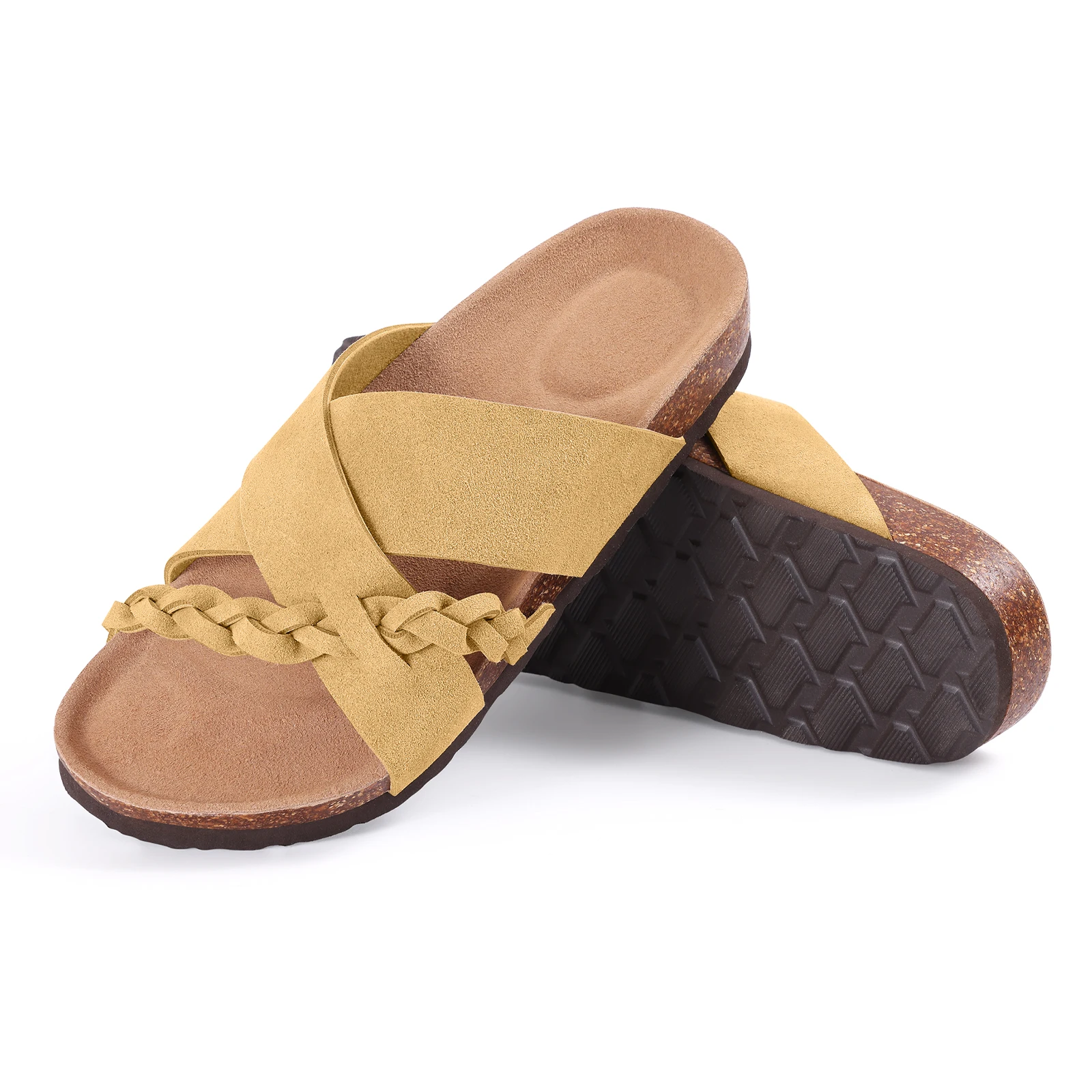 Shevalues Kuh-Wildleder-Hausschuhe für Damen, modisch, Freizeit, Outdoor-Rutschen, Korkfußbett, bequeme Arbeitssandalen mit Fußgewölbeunterstützung – Detail 4