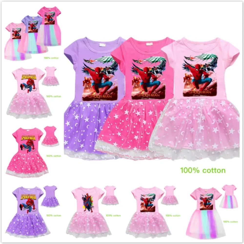 Children Dress Summer Children Elegant Dress Cartoon Popular Hero Spiderman Print Girls Princess Dress Kid Baby Cotton Short Sleeve Kid Clothes