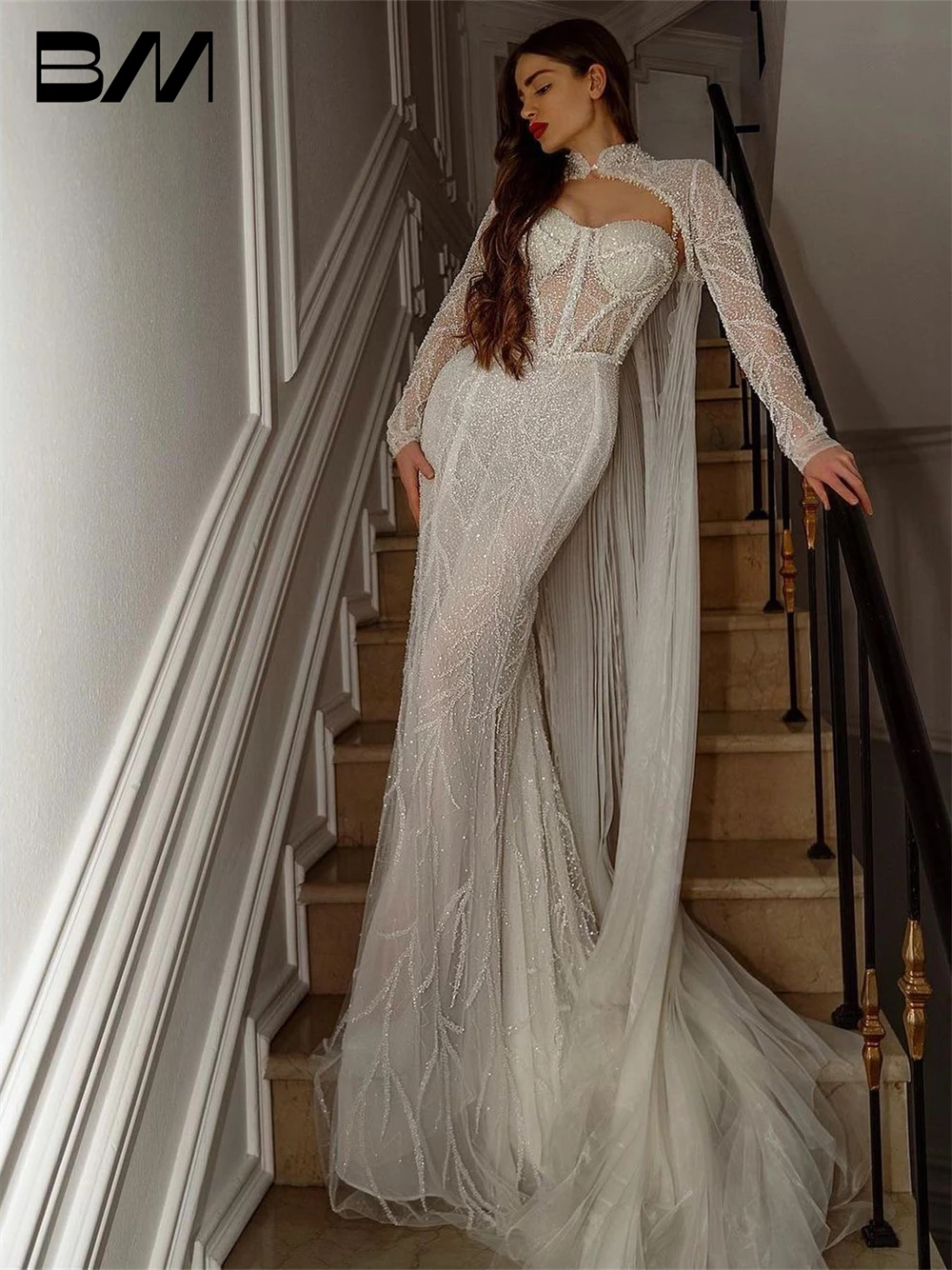 

Sparkle Mermaid Wedding Dress With Long Cape Train Strapless Sexy Tulle Bride Dresses Beads Bridal Gown Custom Made