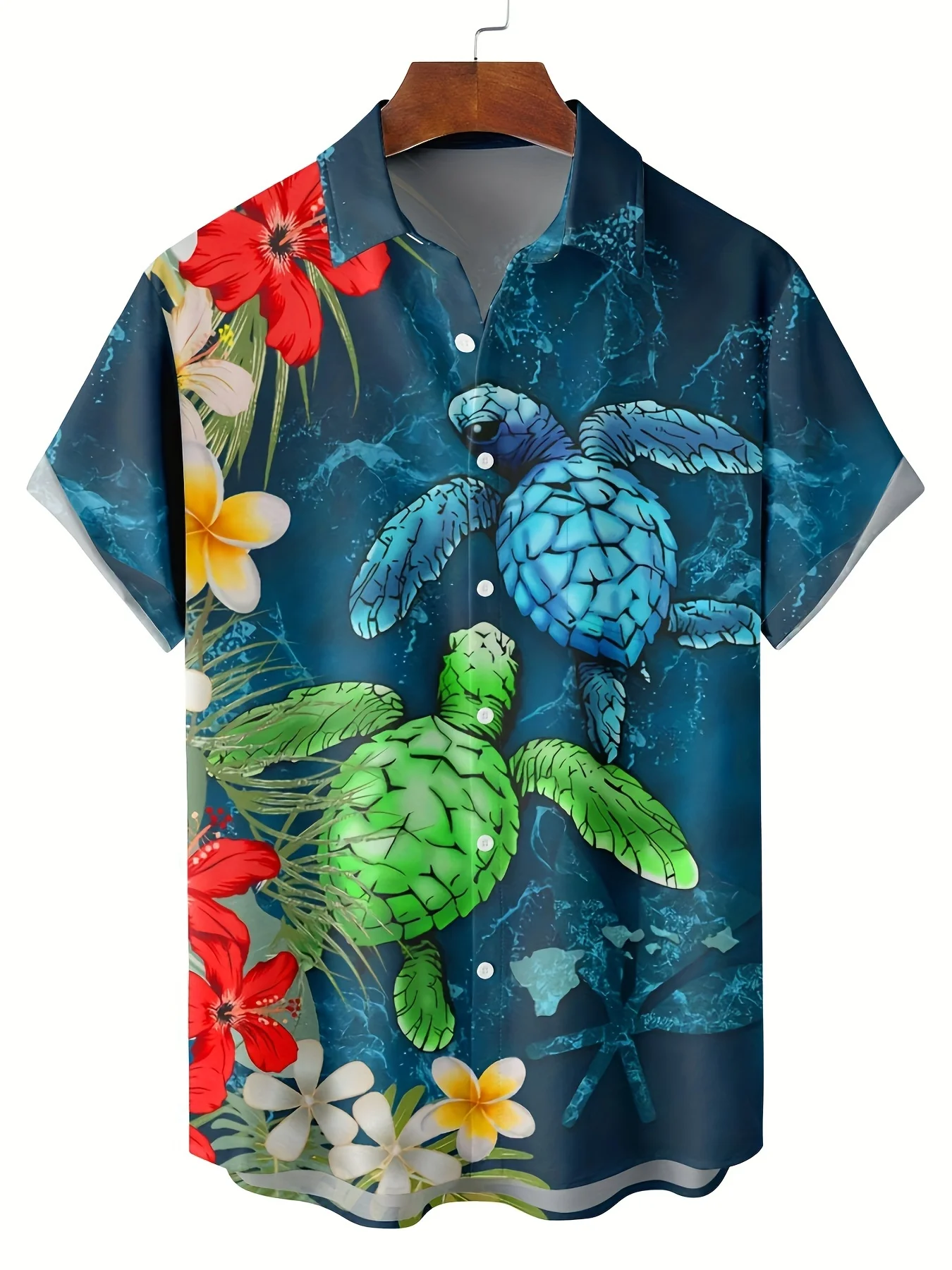 Undersea turtle and fish novelty pattern print men's short-sleeved button-down shirt summer beach vacation lapel shirt