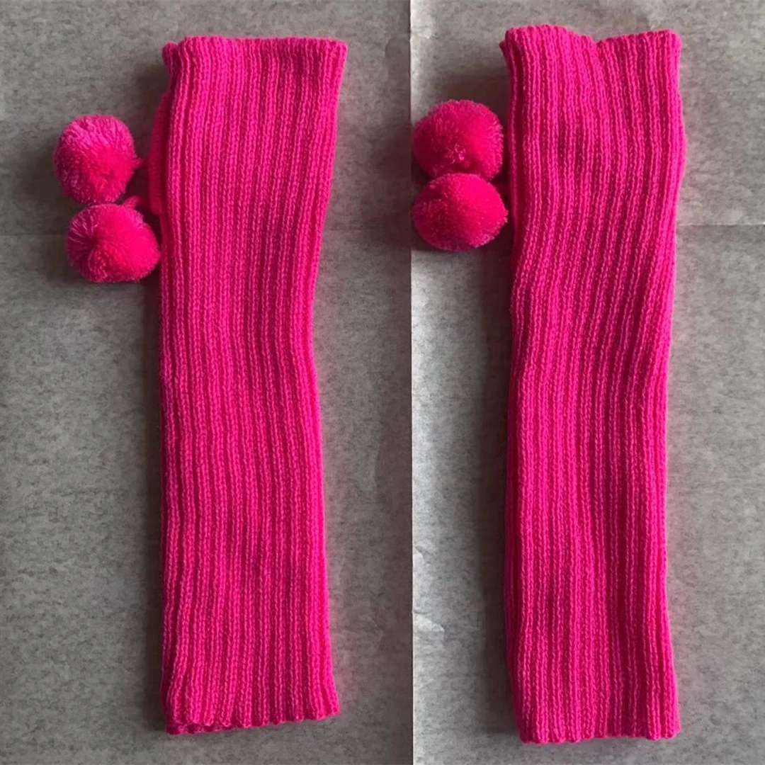 1 Pair Girls Solid Knit Knee High Leg Warmer Comfort Cute Bowknot Leg Cover With Pompoms
