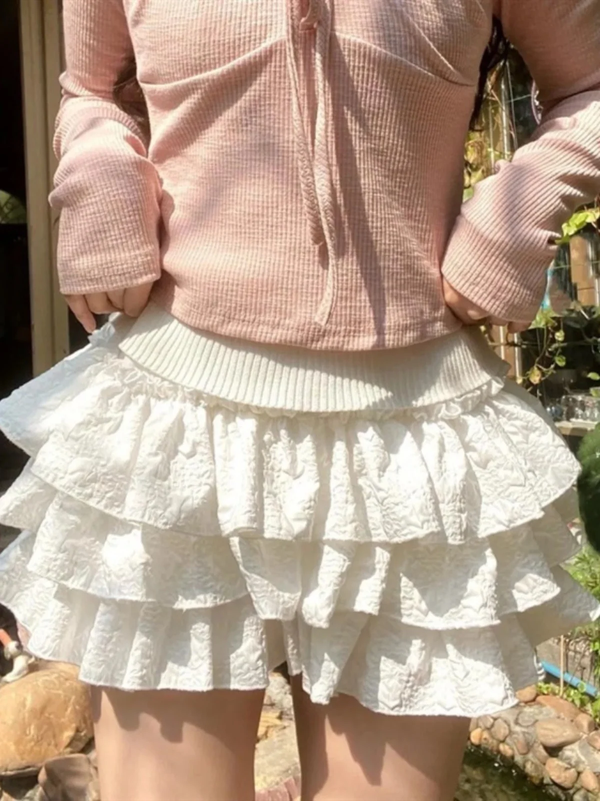 Kawaii Ball Gown Short Skirt Pleated Ruffles Layered High Waist Solid Mini Cake Skirts Lolita Girl Sweet Cute Elastic Waist Y2K - Image 4