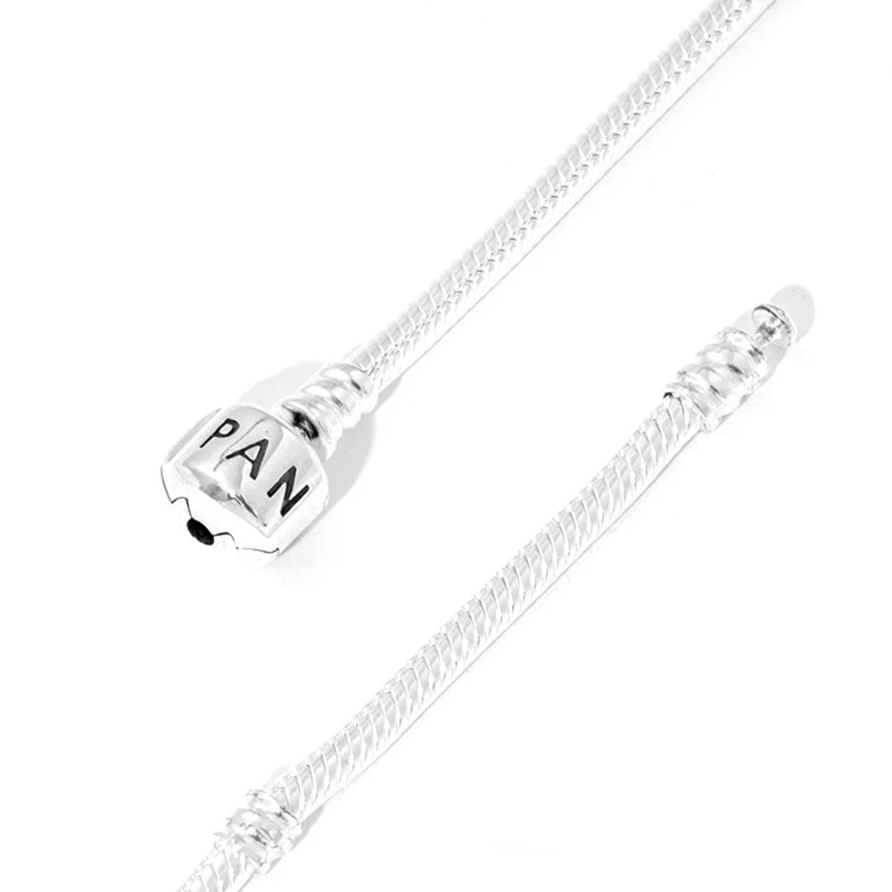 Pandora S925 Silver Classic Square Bead Buckle Snake Chain Bracelet Simple Fashion DIY Bracelet with Cloth Bag