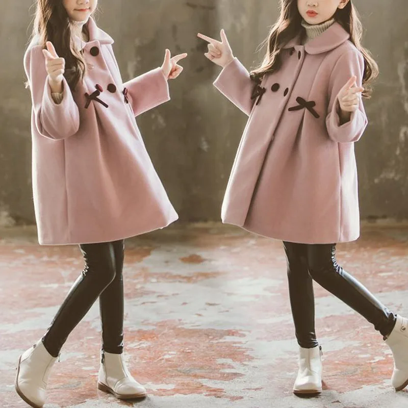 Korean Casual Autumn Winter Girls Turn-down Collar Button Spliced Bow Shirring Fashion Sweet Long Sleeve Loose Coats