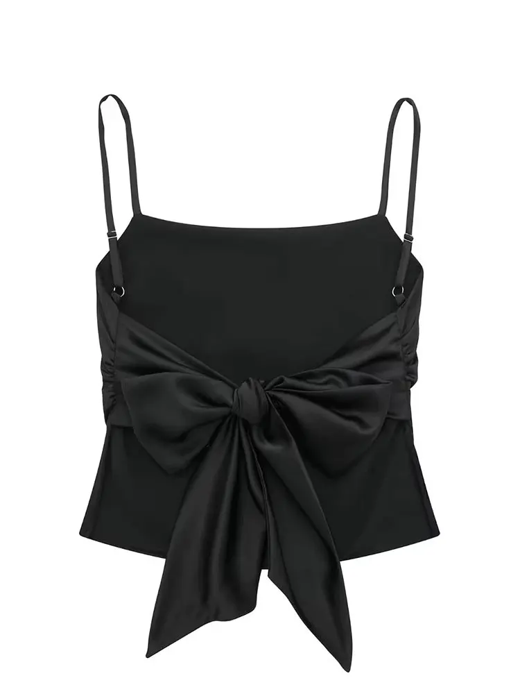 HH Women Summer Back Bow Solid Satin Backless Sling Crop Top Chic Female Sexy Clothing Streetwear Camis Mujer 2024 Fashion