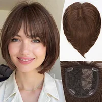 10in Human Hair Topper and Human Hair Extension wig for Women 6.5x6.5 Inch Silk Base Brown Side-parted Short Straight Bob with Bangs Natural Breathable 70g 1