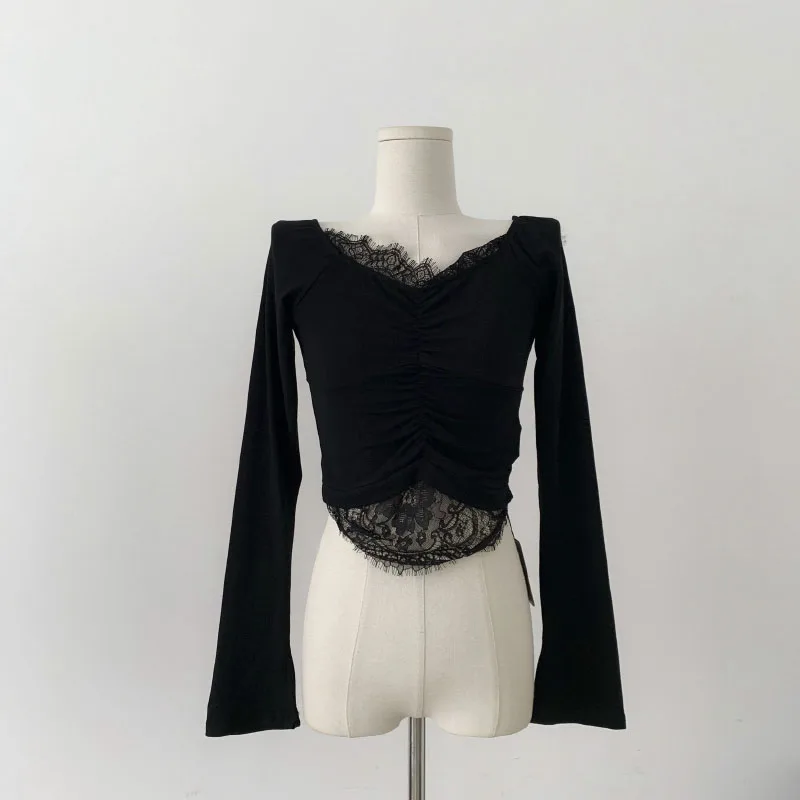 

Пикантная кружевная уличная одежда в стиле пэчворк, женские Модные Винтажные облегающие Топы с длинным рукавом, тонкая футболка для девушек Y2K, эластичные тонкие футболки