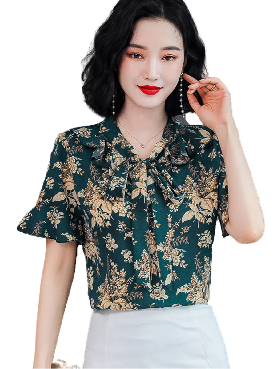 

4XL Spring Summer Spring Blouses Shirts Lady Fashion Casual Short Sleeve Bow Tie Flower Printing Elegant Blusas Tops G2446