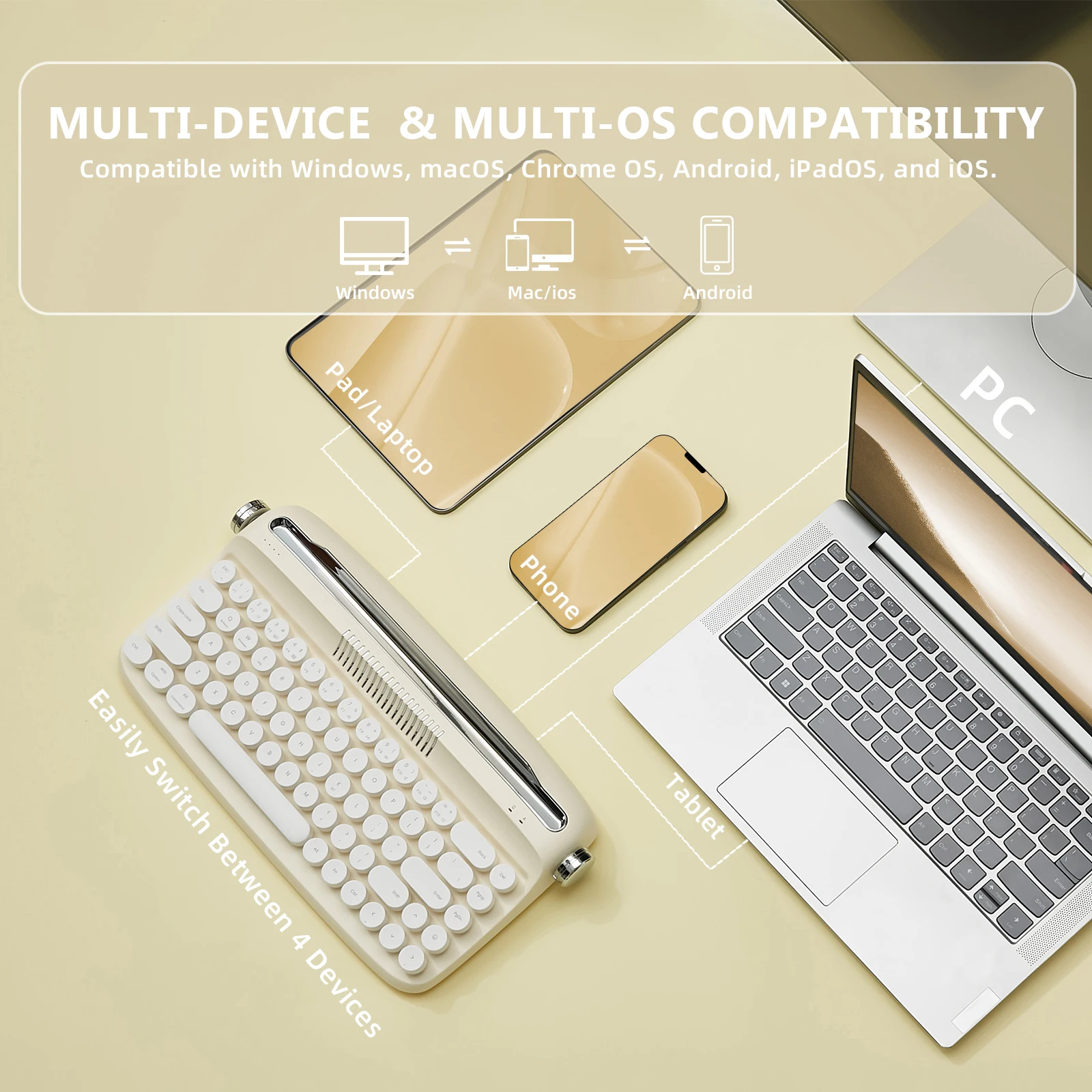 Yunzii-teclado de Máquina de Escrever Retro Manteiga de Marfim B307 sem Fio Atualizado Usb-c Bluetooth Suporte Integrado Bonito Teclas Redondas - Imagem 3