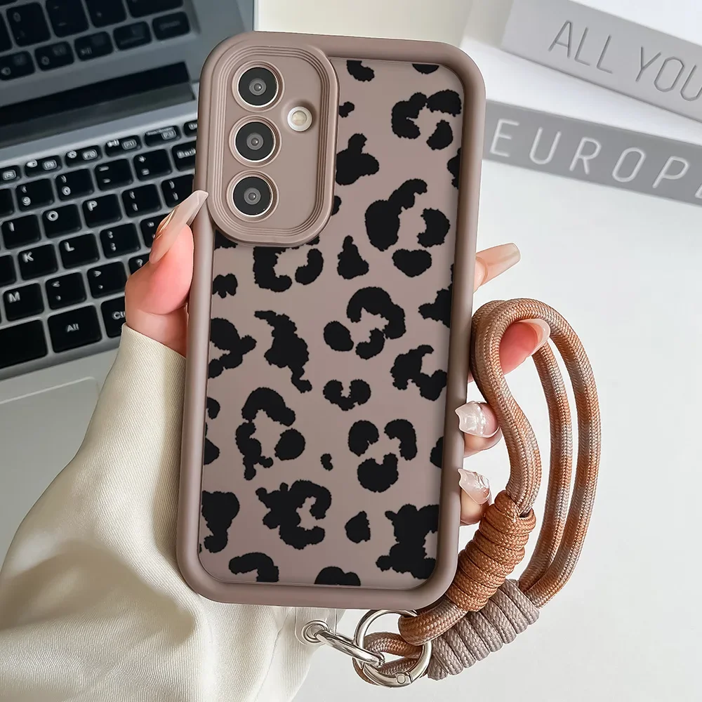 Leopard Print Wrist Chain Lanyard Phone Case with Hang Strap