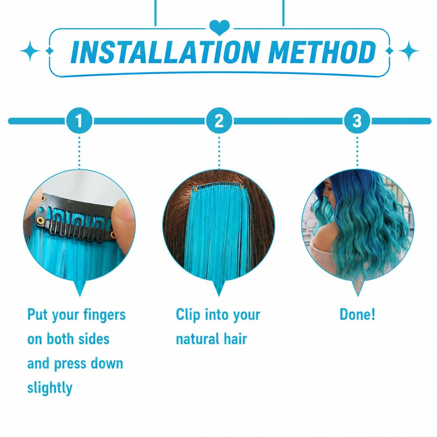 Extension per Capelli Colorati con Clip in Blu Teal 5/10 Pezzi Sintetici - immagine 4