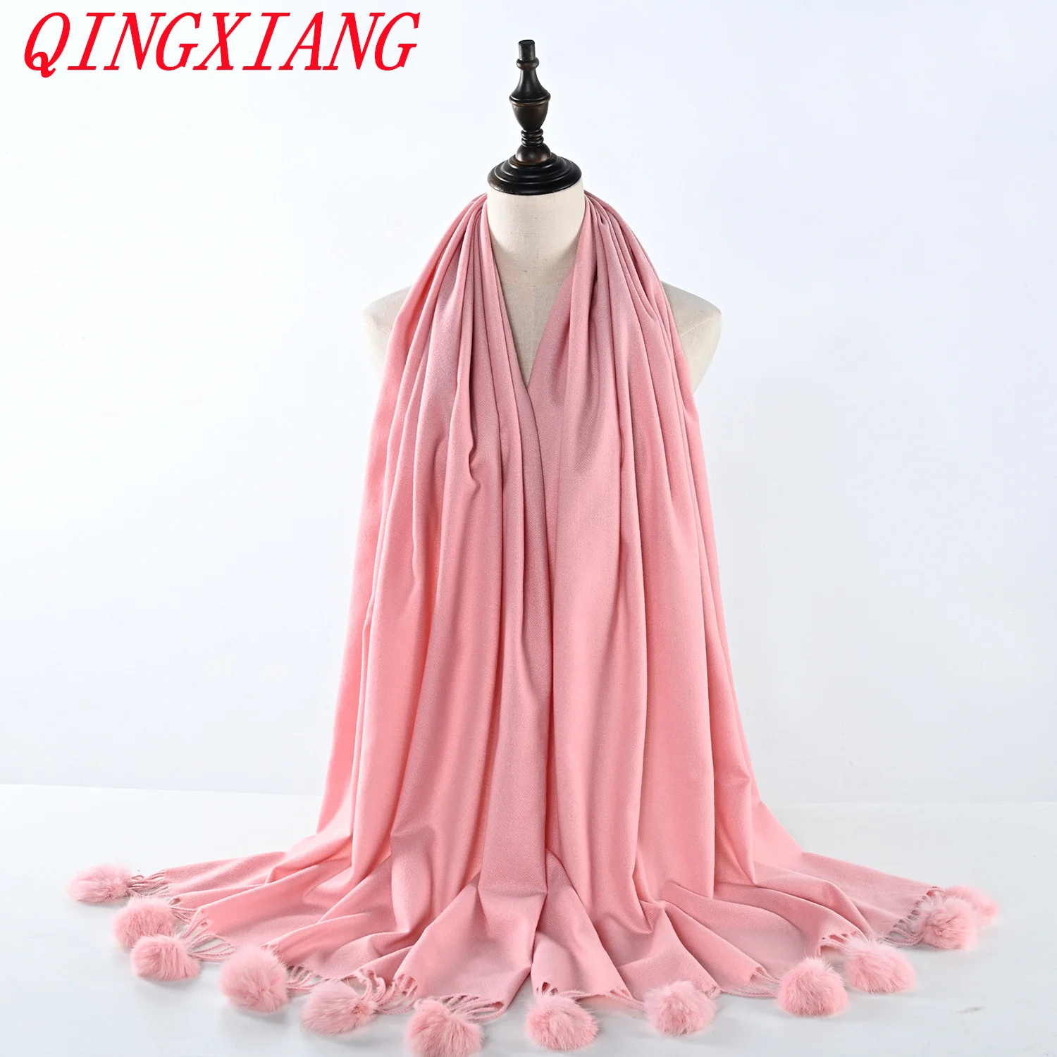 17 Colors 70*200cm Women Winter Warm Faux Cashmere Fur Ball Scarf Female Tassel Black Grey Ring Long Fashion Shawl