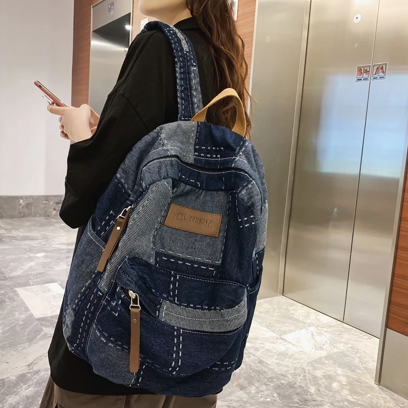 

Denim Backpacks For Women Canvas Shoulders Bag Patchwork Knapsack Y2K Packbag Unisex Rucksack Korean Mochila New Jeans Bookbag